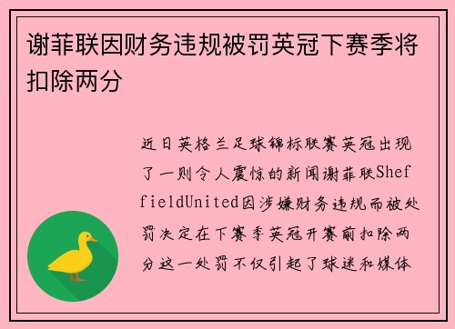 谢菲联因财务违规被罚英冠下赛季将扣除两分