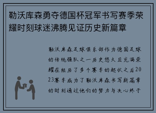 勒沃库森勇夺德国杯冠军书写赛季荣耀时刻球迷沸腾见证历史新篇章