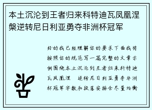 本土沉沦到王者归来科特迪瓦凤凰涅槃逆转尼日利亚勇夺非洲杯冠军